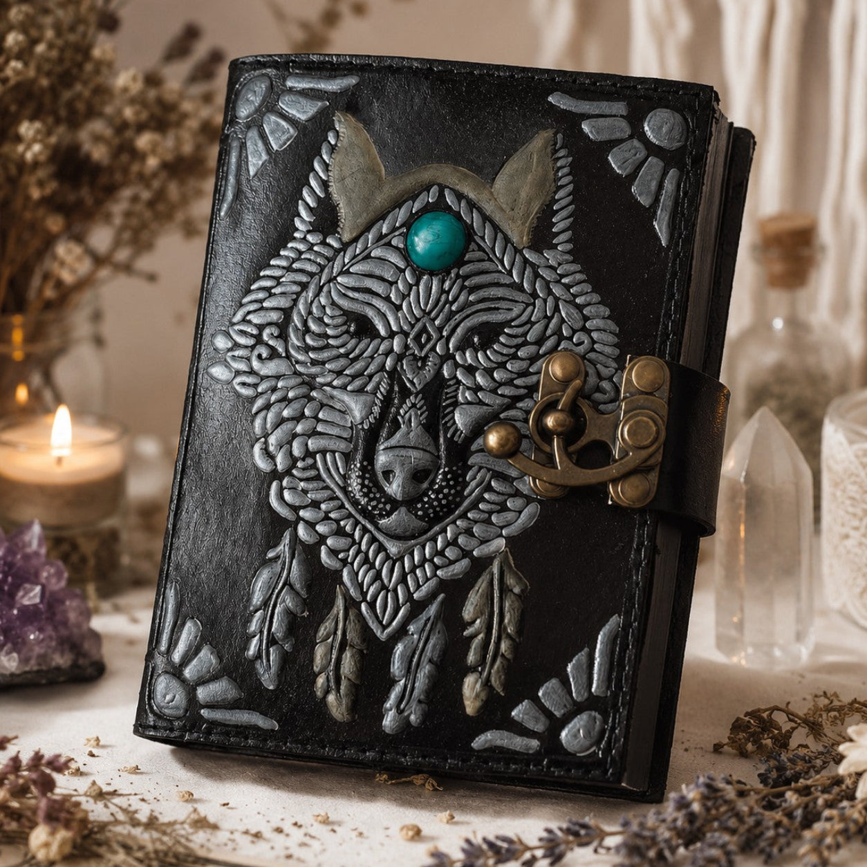 Wolf Face Stone Leather Journal – Handmade Pagan Grimoire Book of Shadows – leather journal, front cover view