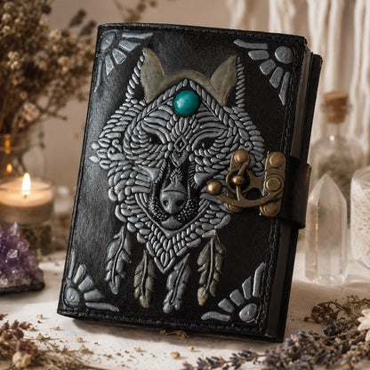 Wolf Face Stone Leather Journal – Handmade Pagan Grimoire Book of Shadows – leather journal, front cover view