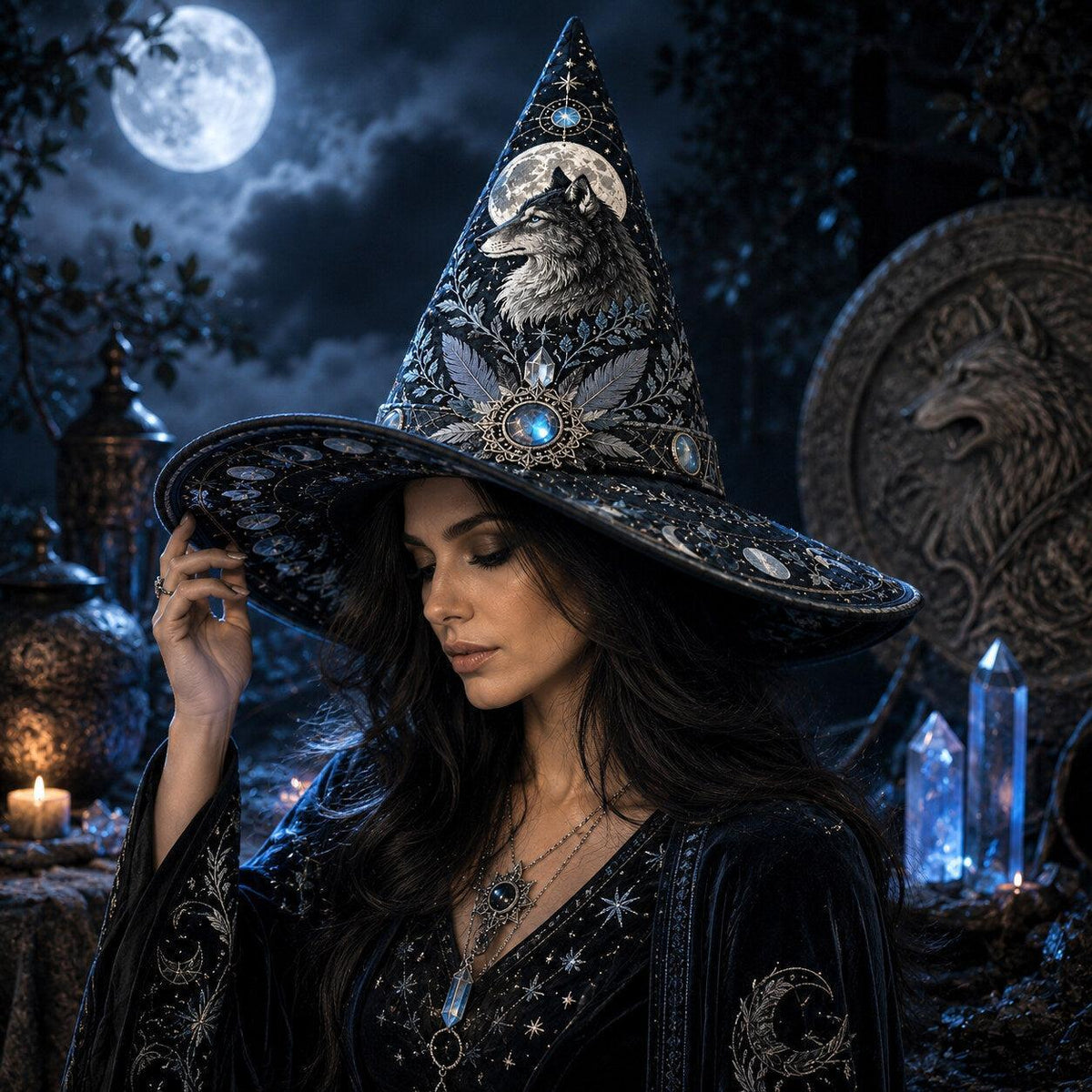 Wolf Guardian Witch Hat – Moonstone Celestial Pagan Wide Brim Hat – styled with candles and crystals