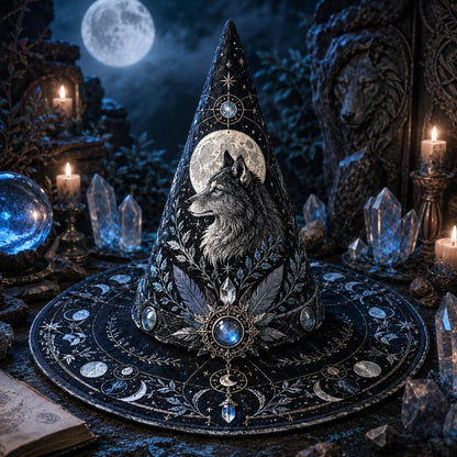 Wolf Guardian Witch Hat – Moonstone Celestial Pagan Wide Brim Hat – quilting and print detail