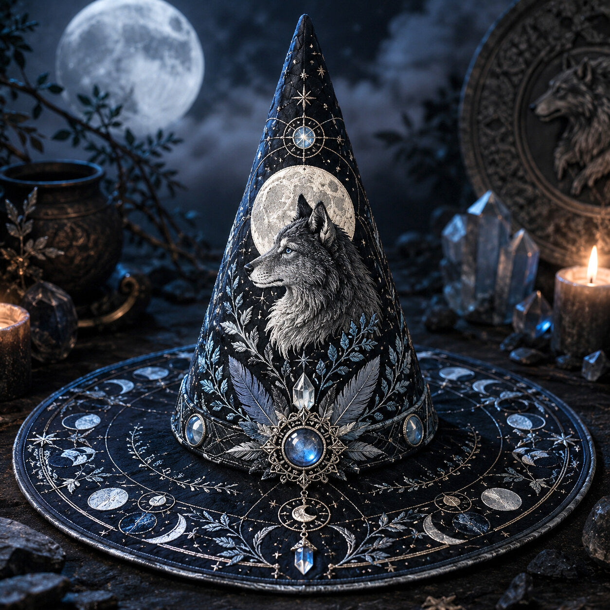 Wolf Guardian Witch Hat – Moonstone Celestial Pagan Wide Brim Hat – on an altar table