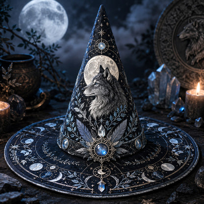 Wolf Guardian Witch Hat – Moonstone Celestial Pagan Wide Brim Hat – on an altar table