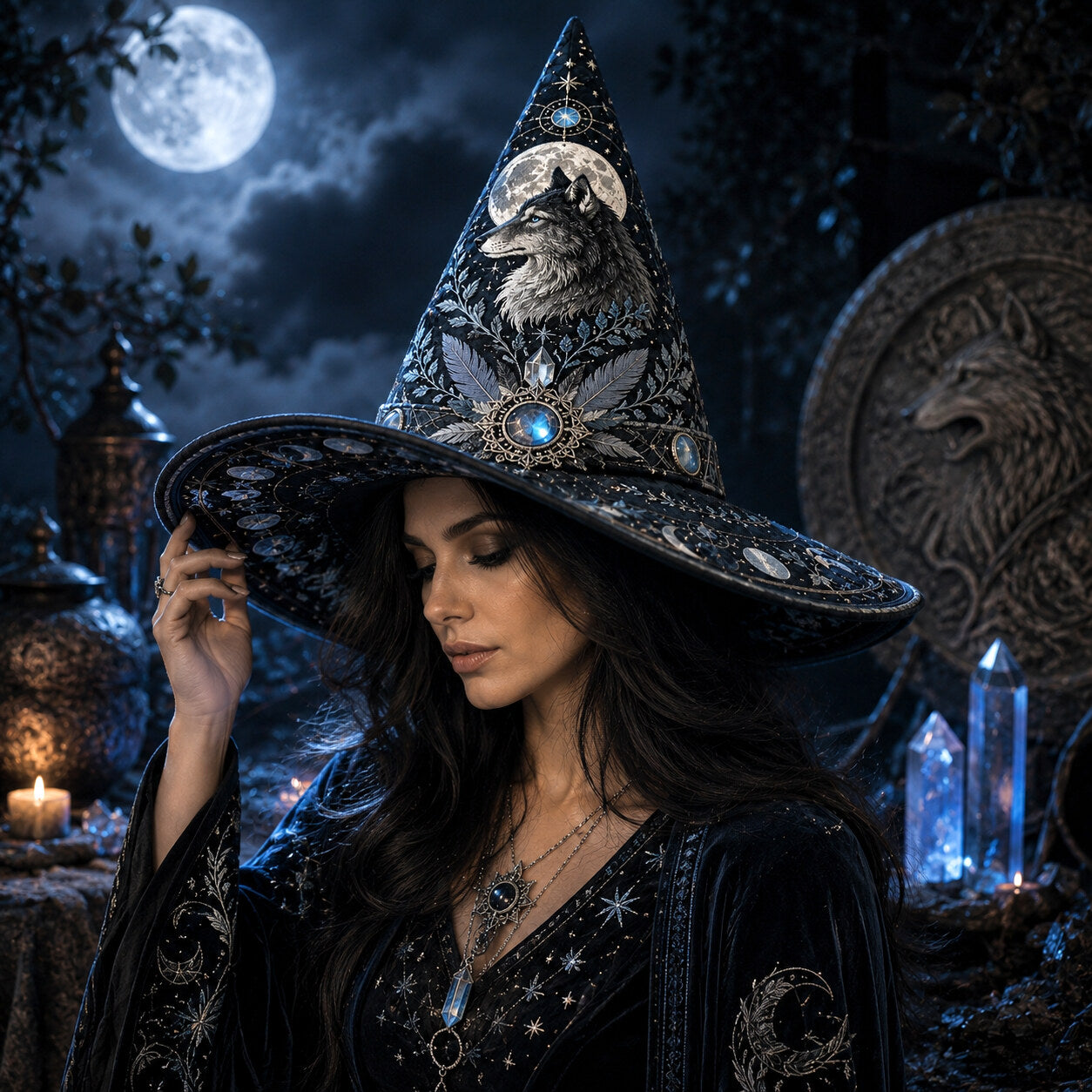 Wolf Guardian Witch Hat – Moonstone Celestial Pagan Wide Brim Hat – styled with candles and crystals