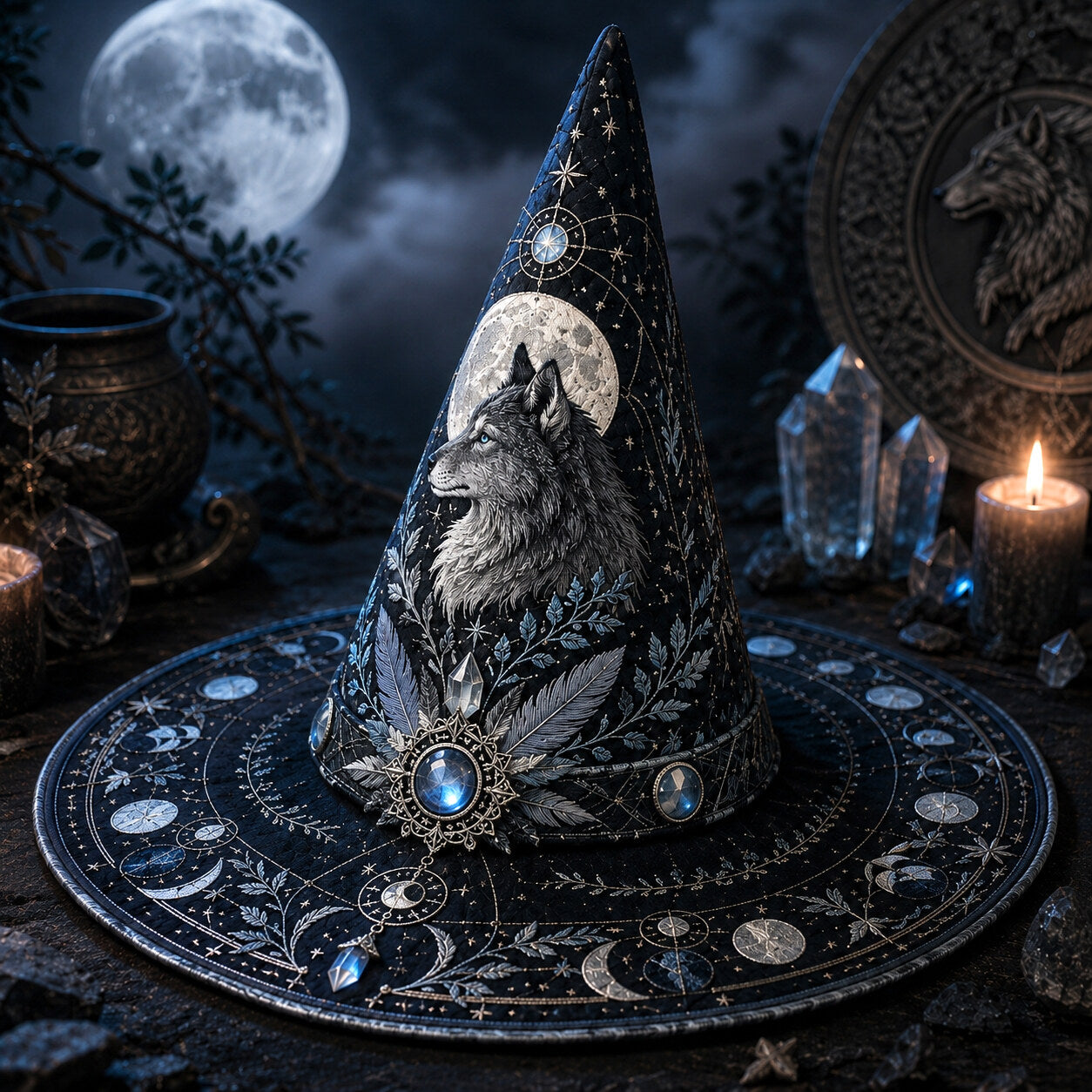 Wolf Guardian Witch Hat – Moonstone Celestial Pagan Wide Brim Hat – worn, front view
