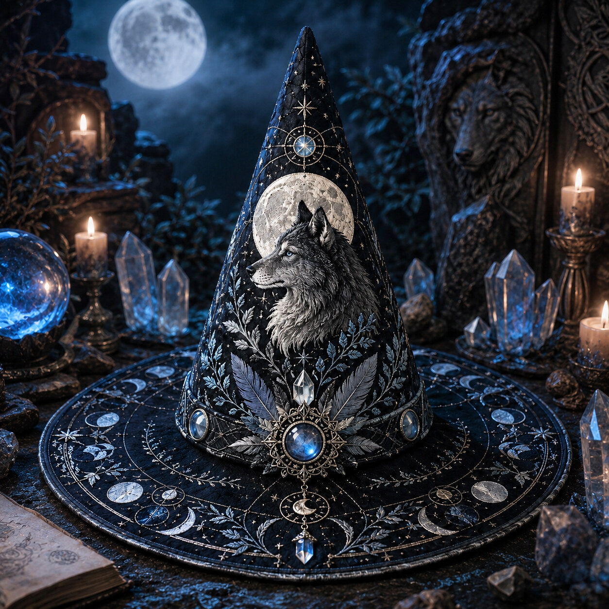 Wolf Guardian Witch Hat – Moonstone Celestial Pagan Wide Brim Hat – quilting and print detail