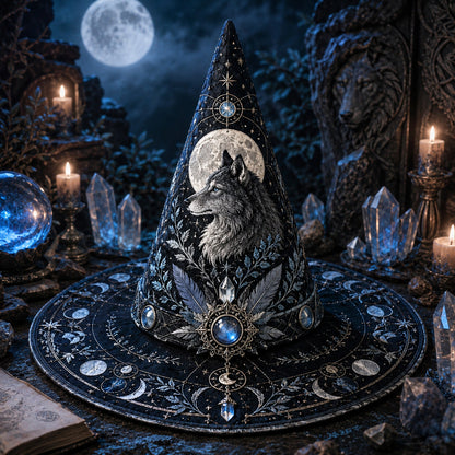 Wolf Guardian Witch Hat – Moonstone Celestial Pagan Wide Brim Hat – quilting and print detail