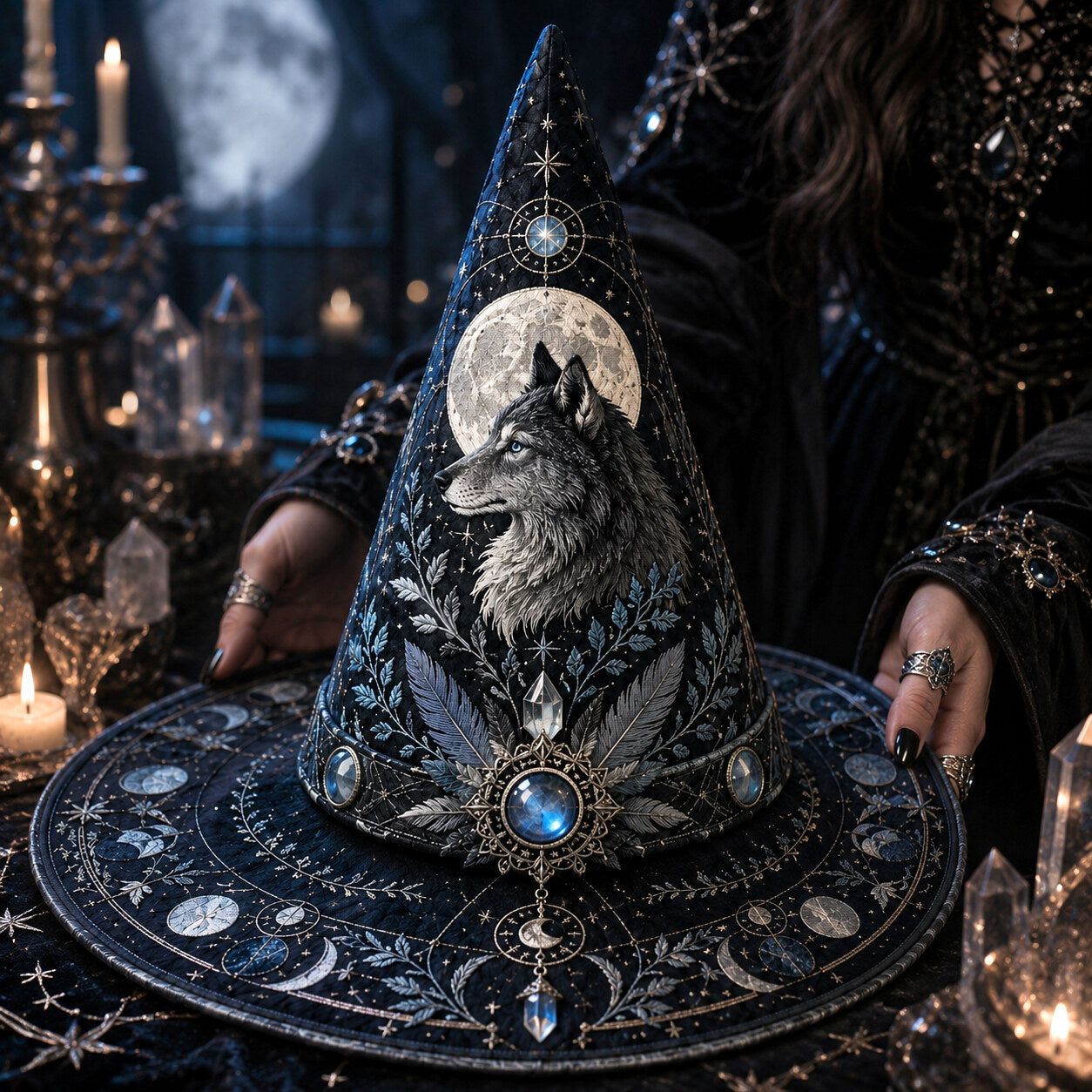 Wolf Guardian Witch Hat – Moonstone Celestial Pagan Wide Brim Hat – held in both hands