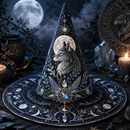Wolf Guardian Witch Hat – Moonstone Celestial Pagan Wide Brim Hat – on an altar table