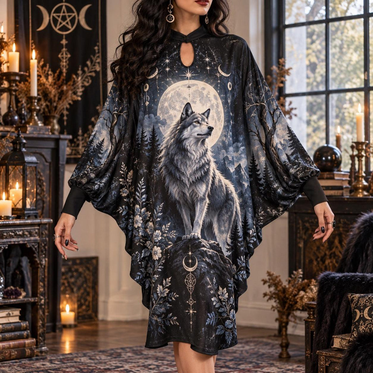 Wolf Moon Gothic Batwing Dress – Witchy Pagan Full Moon Forest Midi – worn, front view