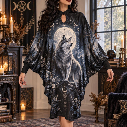 Wolf Moon Gothic Batwing Dress – Witchy Pagan Full Moon Forest Midi – worn, front view
