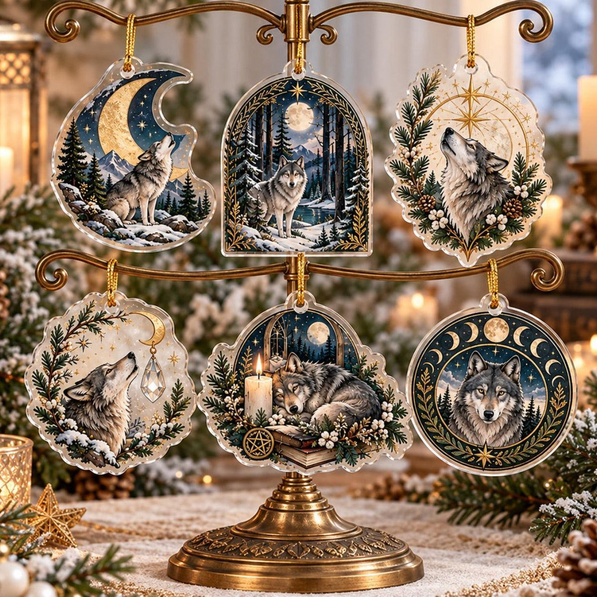 Wolf Moon Pagan Acrylic Ornament Set – Yule Winter Solstice Decor – set of 6, another view