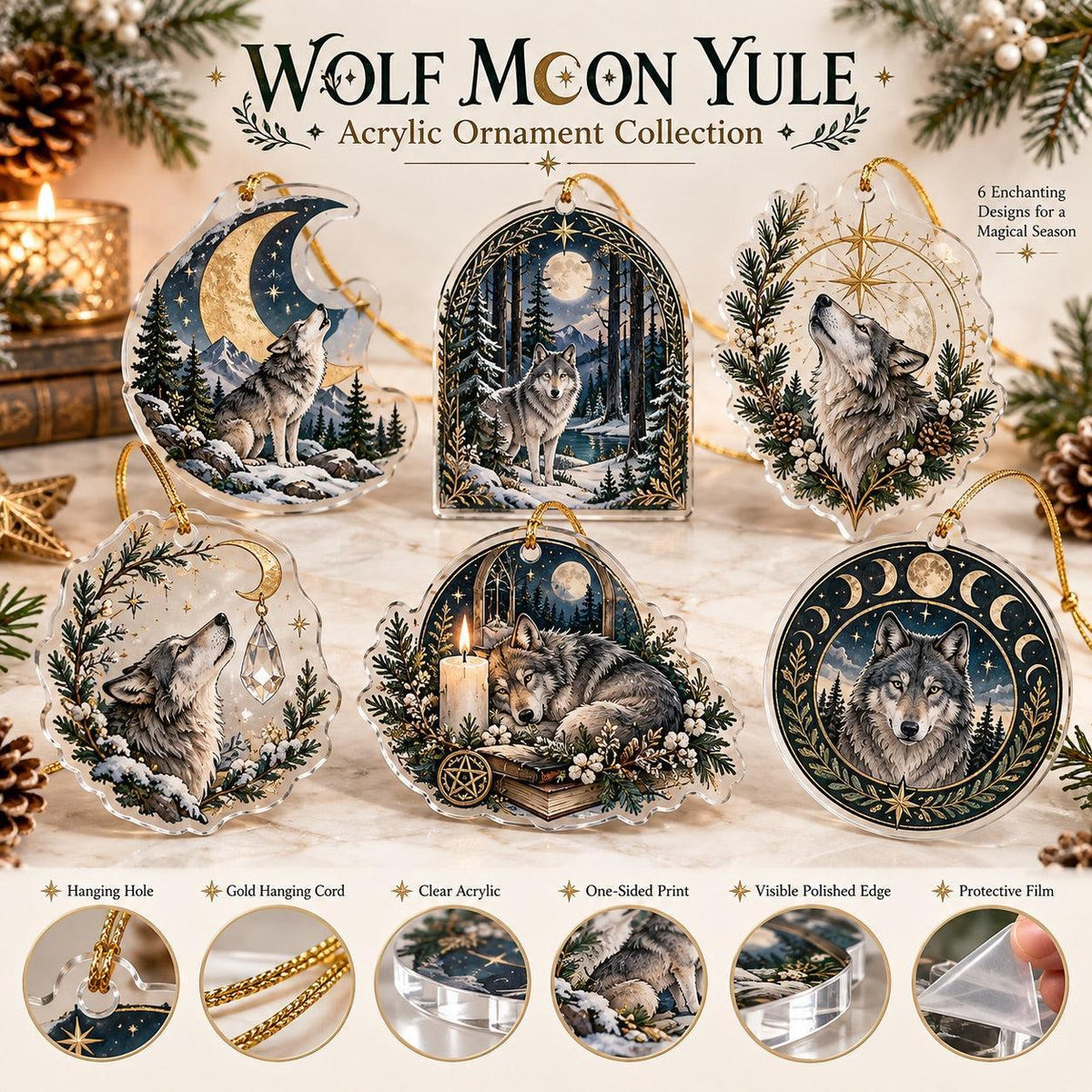 Wolf Moon Pagan Acrylic Ornament Set – Yule Winter Solstice Decor – ornament size and details
