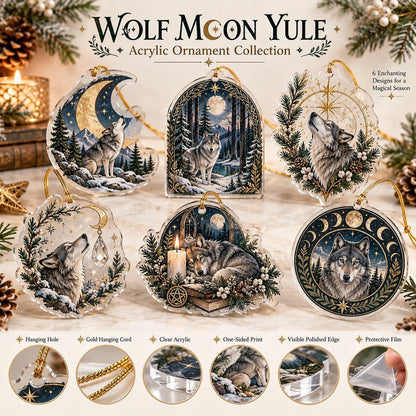 Wolf Moon Pagan Acrylic Ornament Set – Yule Winter Solstice Decor – ornament size and details