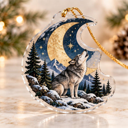 Wolf Moon Pagan Acrylic Ornament Set – Yule Winter Solstice Decor – Crescent Howl Wolf ornament
