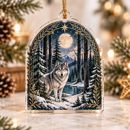 Wolf Moon Pagan Acrylic Ornament Set – Yule Winter Solstice Decor – Forest Arch Wolf ornament