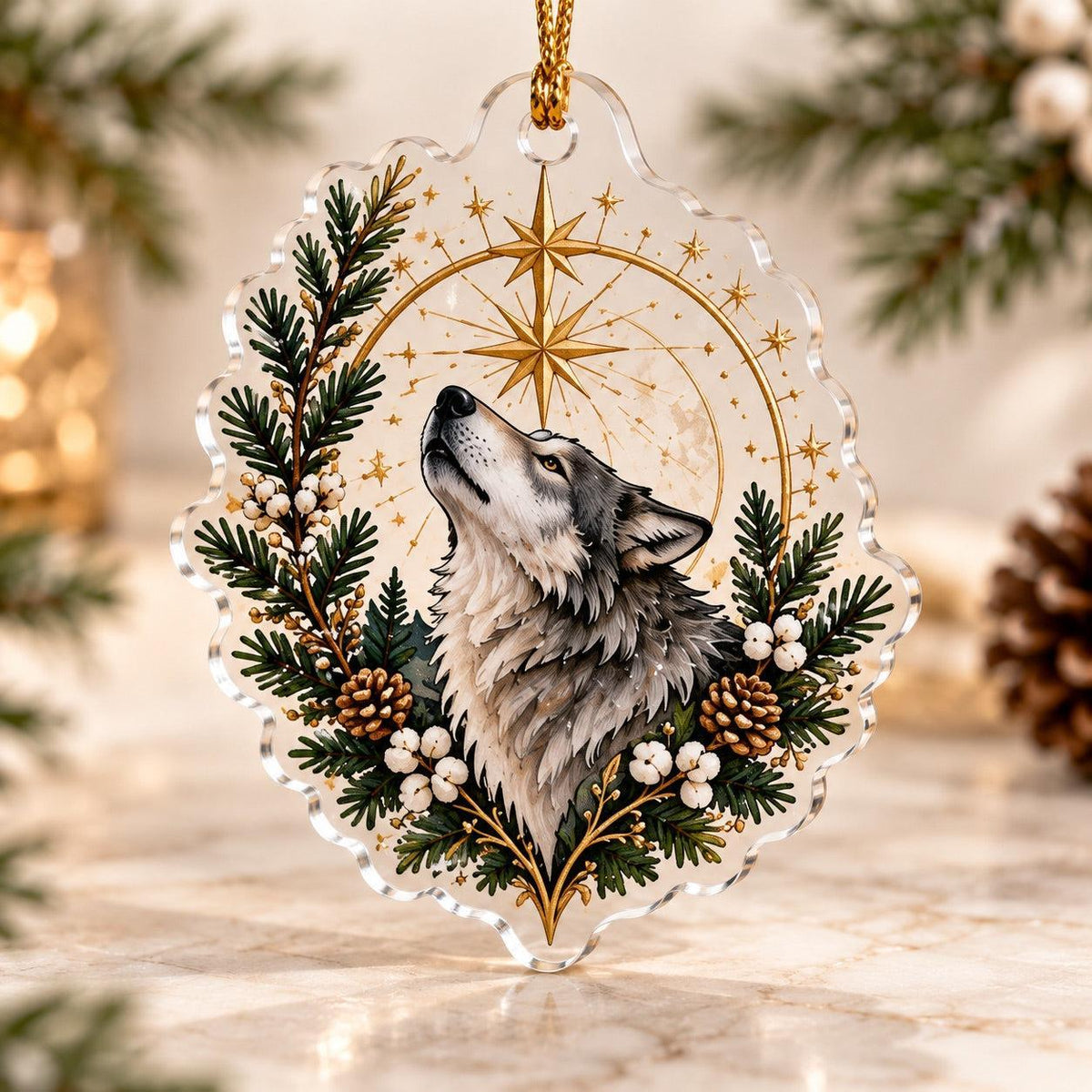 Wolf Moon Pagan Acrylic Ornament Set – Yule Winter Solstice Decor – North Star Wolf ornament