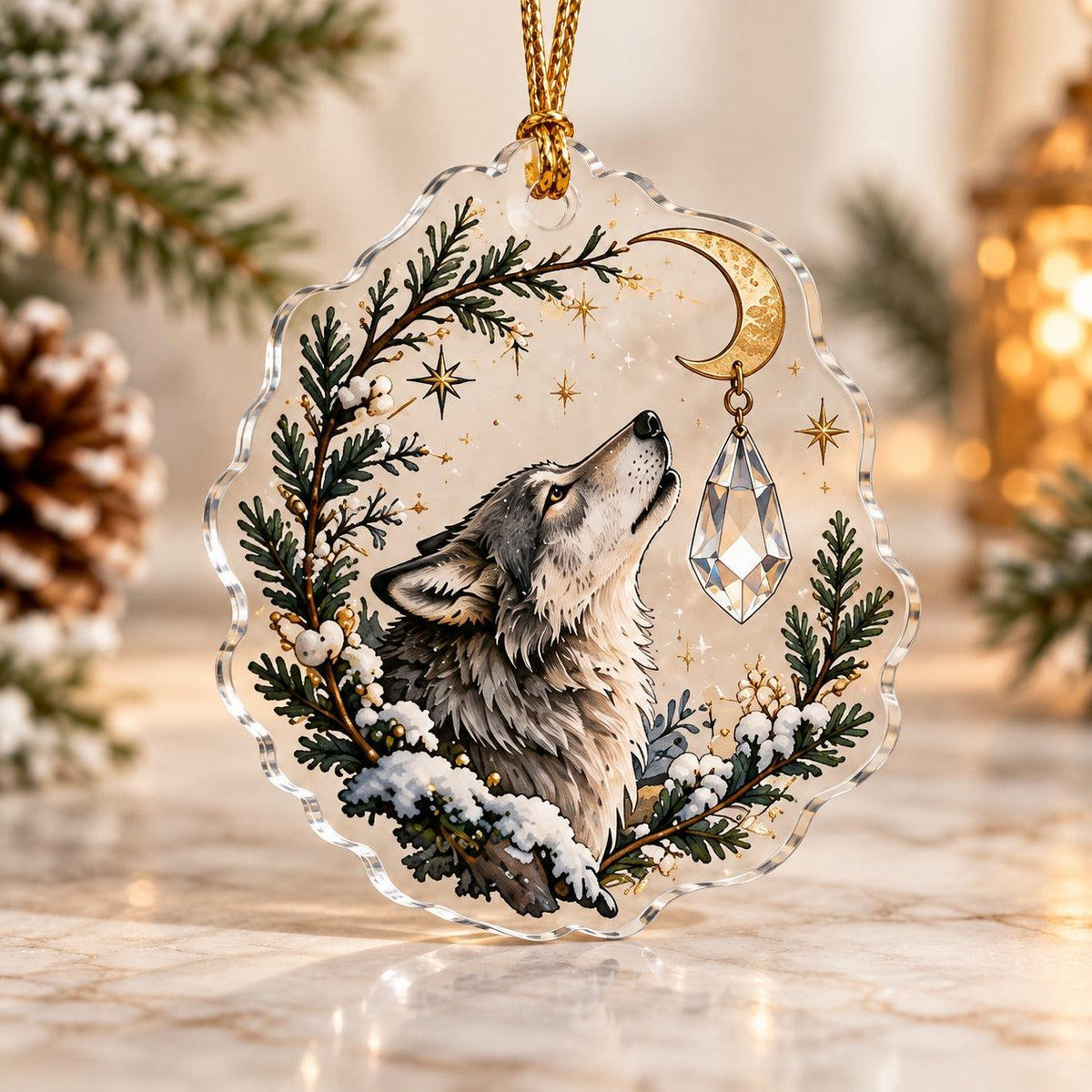 Wolf Moon Pagan Acrylic Ornament Set – Yule Winter Solstice Decor – Crystal Moon Wolf ornament