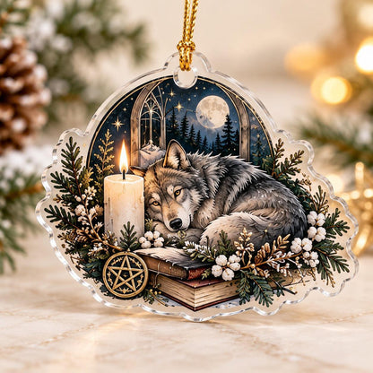 Wolf Moon Pagan Acrylic Ornament Set – Yule Winter Solstice Decor – Sleeping Candle Wolf ornament