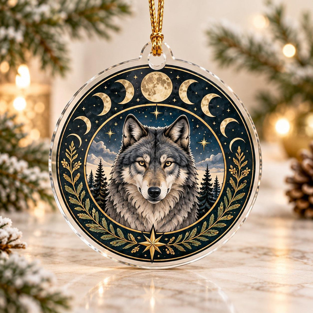 Wolf Moon Pagan Acrylic Ornament Set – Yule Winter Solstice Decor – Moon Phase Wolf ornament