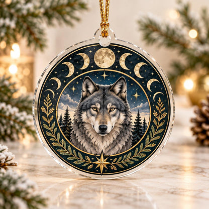 Wolf Moon Pagan Acrylic Ornament Set – Yule Winter Solstice Decor – Moon Phase Wolf ornament