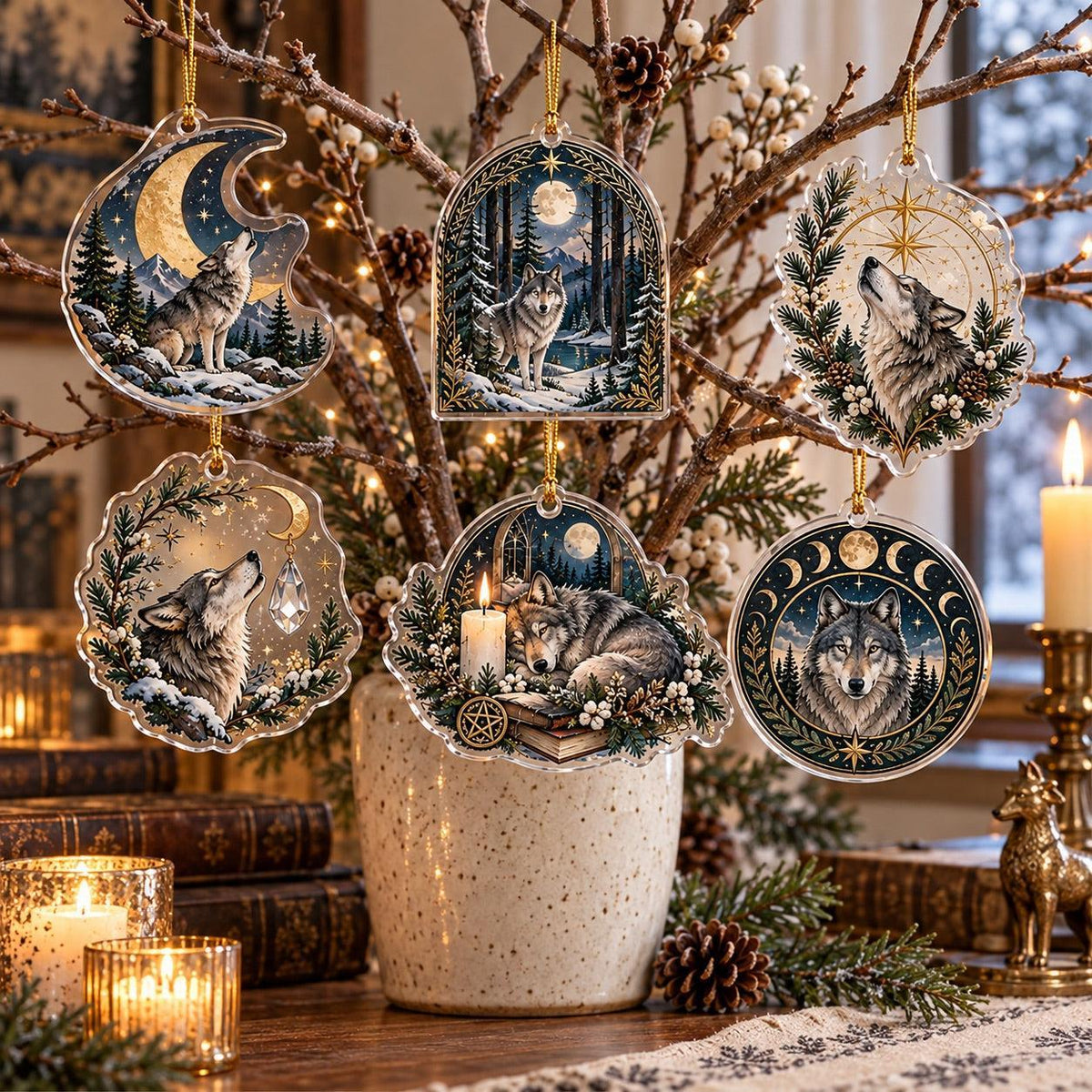Wolf Moon Pagan Acrylic Ornament Set – Yule Winter Solstice Decor – set of 6, another view