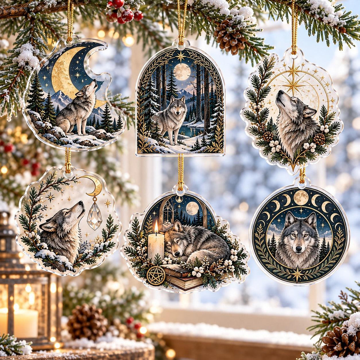 Wolf Moon Pagan Acrylic Ornament Set – Yule Winter Solstice Decor – set of 6 acrylic ornaments