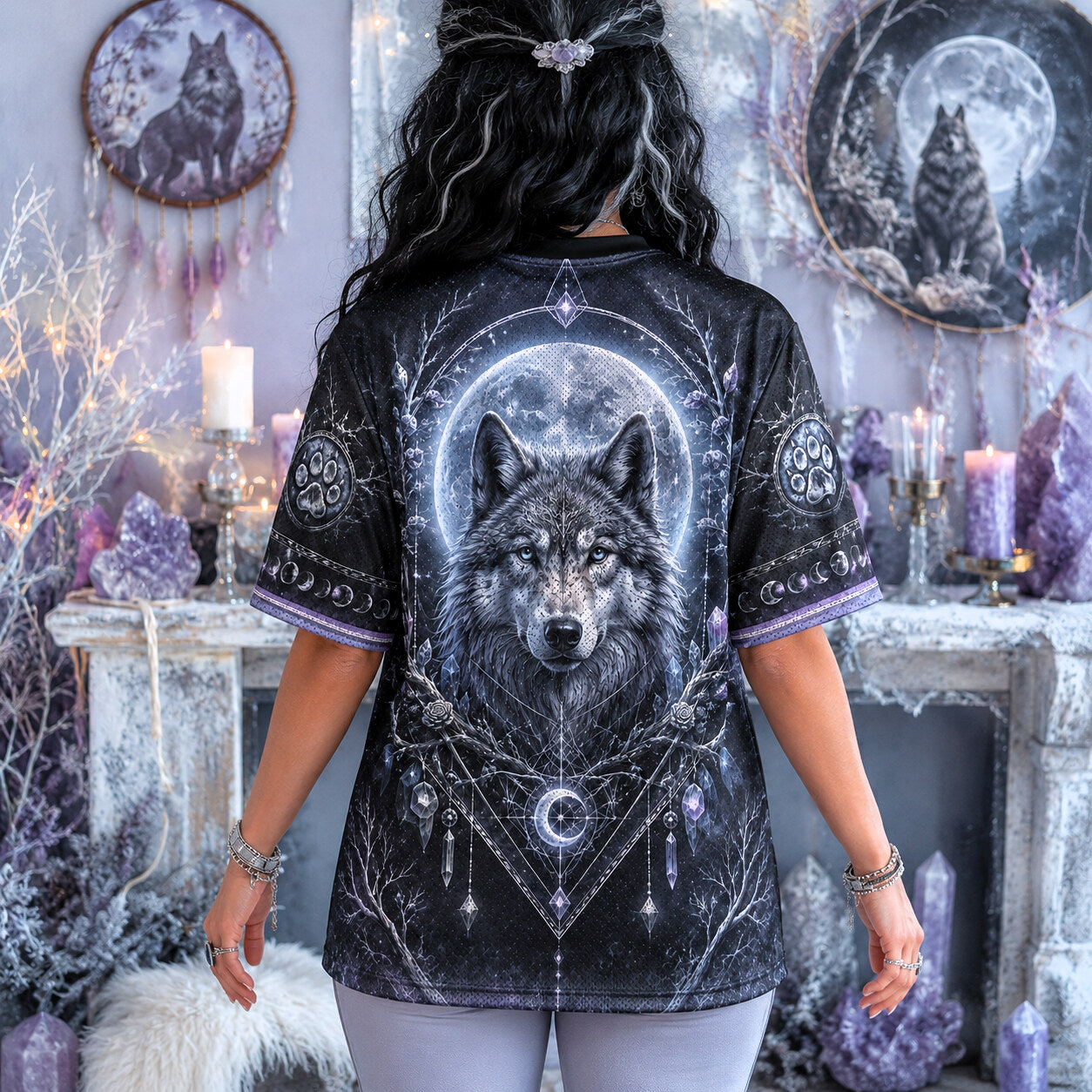 Wolf Moon Priestess T-Shirt Full Moon Crystal Witch Tee worn, back view