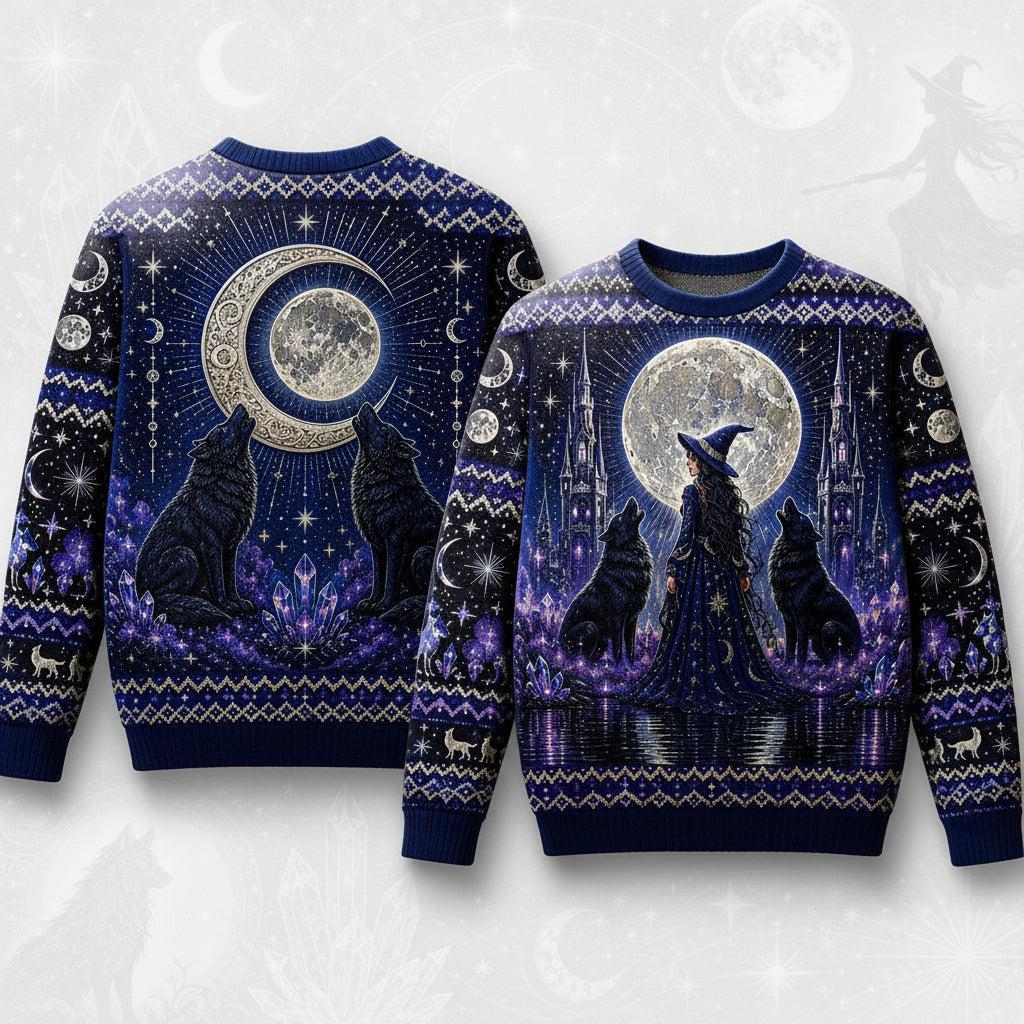 A festive Christmas sweater shown from both front and back, featuring a dark blue and purple witch-themed design with a large full moon, two howling wolves, a witch silhouette, stars, and snowflake patterns on a light beige background.