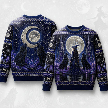 A festive Christmas sweater shown from both front and back, featuring a dark blue and purple witch-themed design with a large full moon, two howling wolves, a witch silhouette, stars, and snowflake patterns on a light beige background.