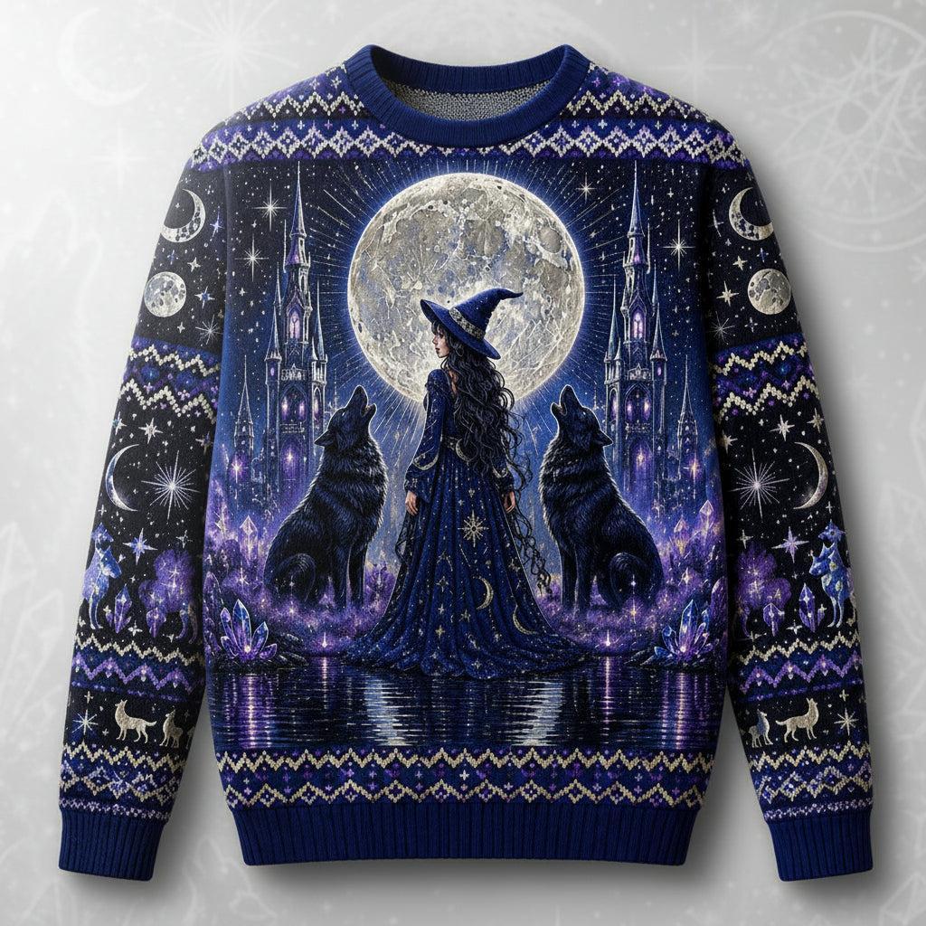 A festive crewneck sweater featuring a detailed graphic print of a witch in a hat standing before a full moon and two black dogs, with purple and blue holiday patterns on the sleeves and hem.