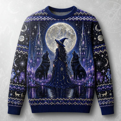 A festive crewneck sweater featuring a detailed graphic print of a witch in a hat standing before a full moon and two black dogs, with purple and blue holiday patterns on the sleeves and hem.