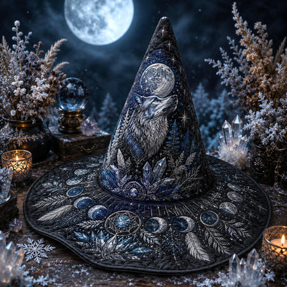 Wolf Moon Witch Hat – Winter Celestial Pagan Wide Brim Hat – held in both hands