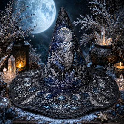 Wolf Moon Witch Hat – Winter Celestial Pagan Wide Brim Hat – on an altar table