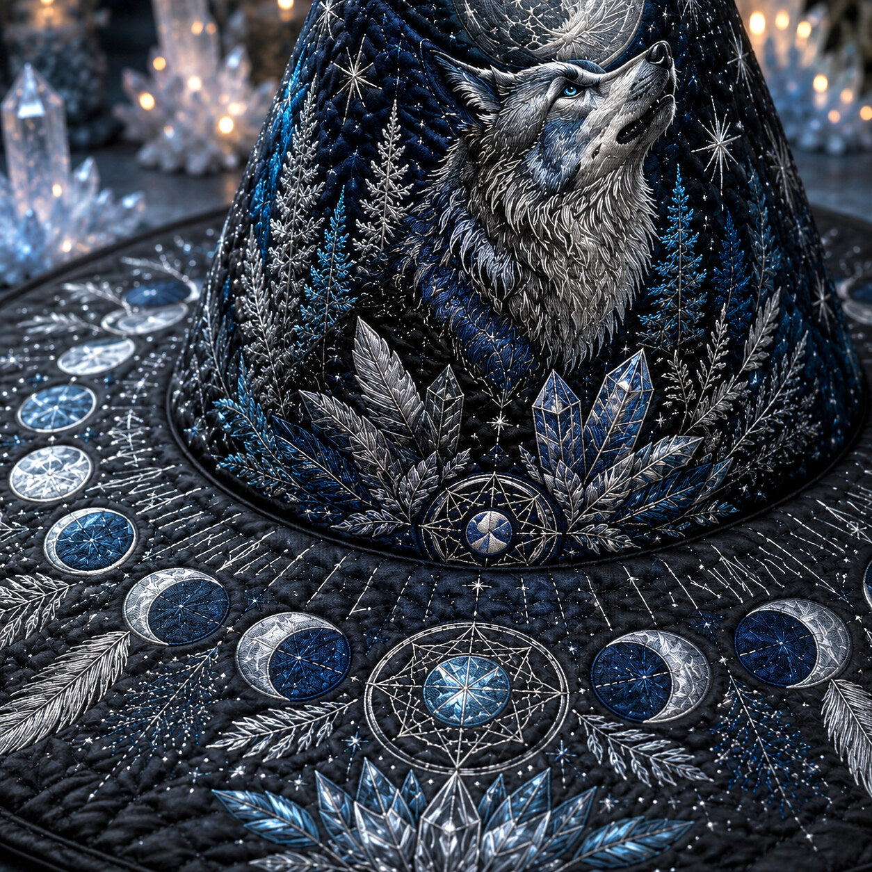 Wolf Moon Witch Hat – Winter Celestial Pagan Wide Brim Hat – styled with candles and crystals