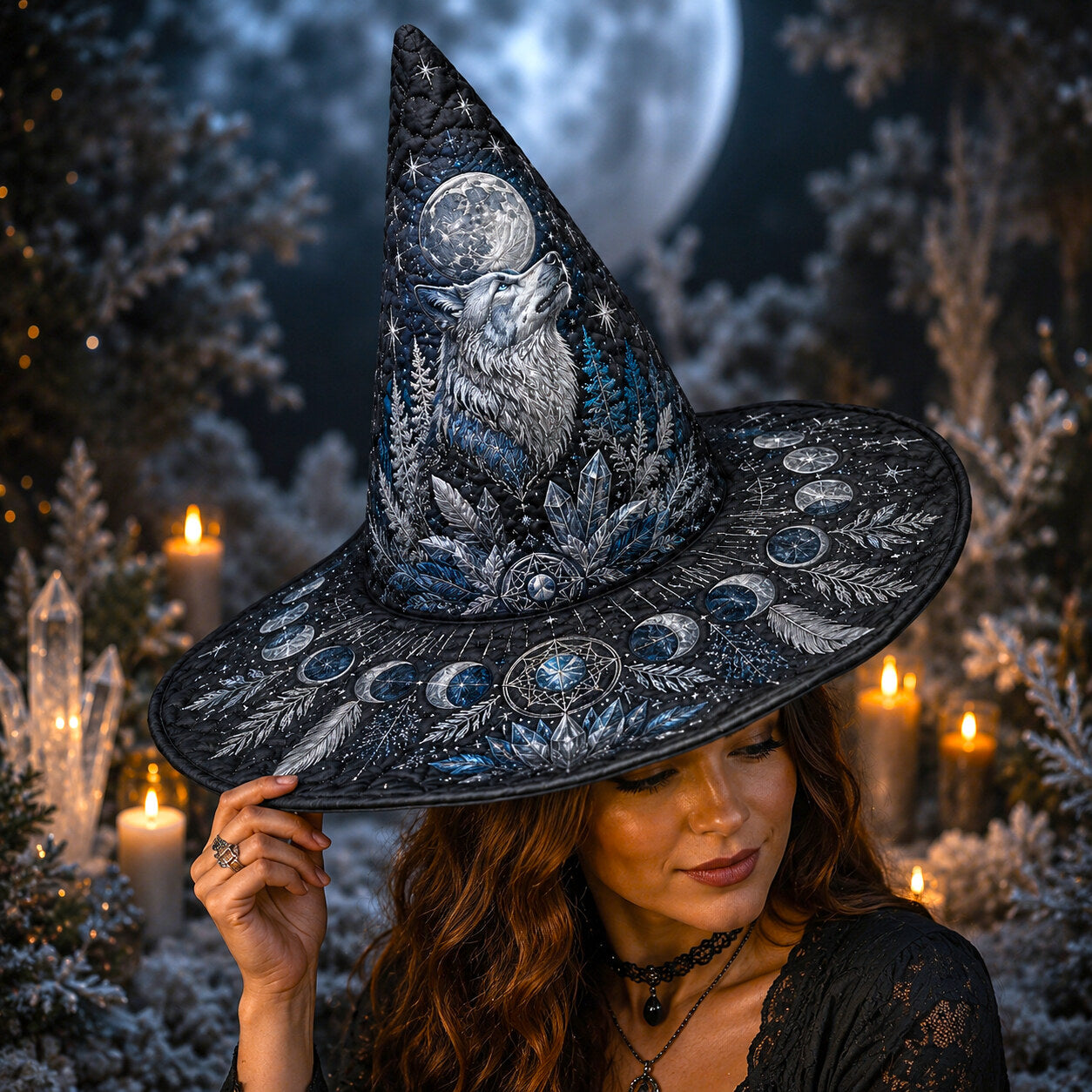 Wolf Moon Witch Hat – Winter Celestial Pagan Wide Brim Hat – worn, front view
