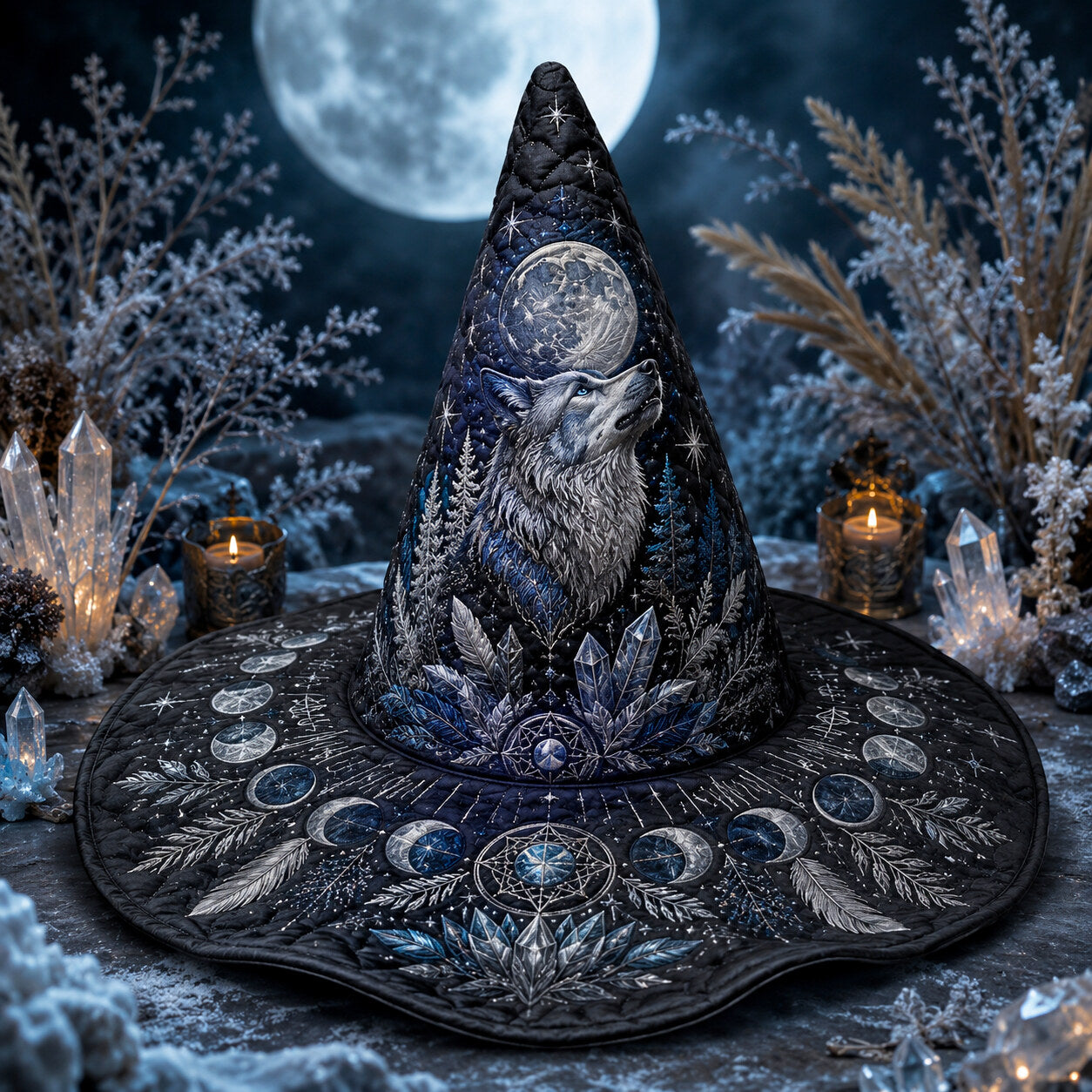 Wolf Moon Witch Hat – Winter Celestial Pagan Wide Brim Hat – quilting and print detail