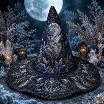 Wolf Moon Witch Hat – Winter Celestial Pagan Wide Brim Hat – quilting and print detail