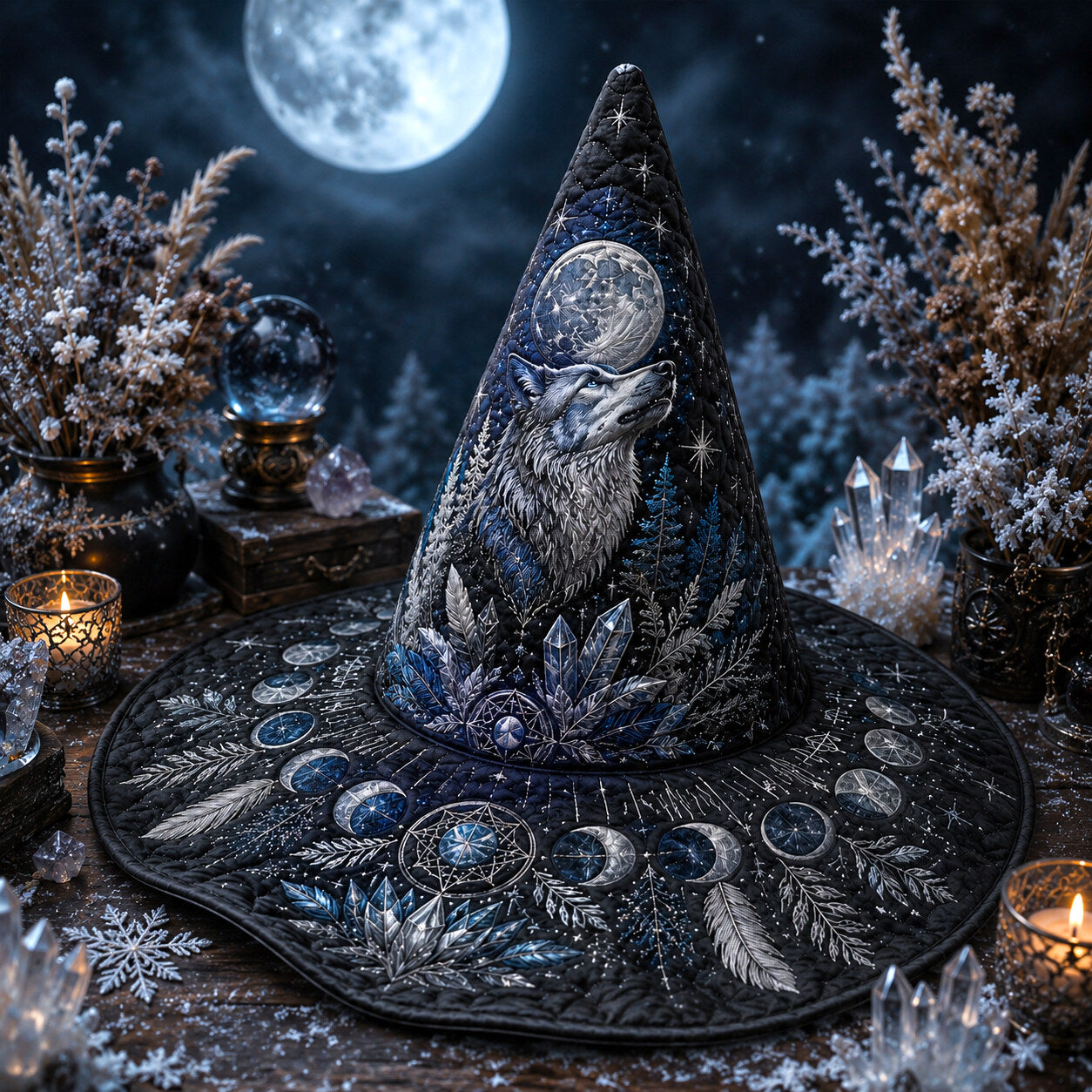 Wolf Moon Witch Hat – Winter Celestial Pagan Wide Brim Hat – held in both hands