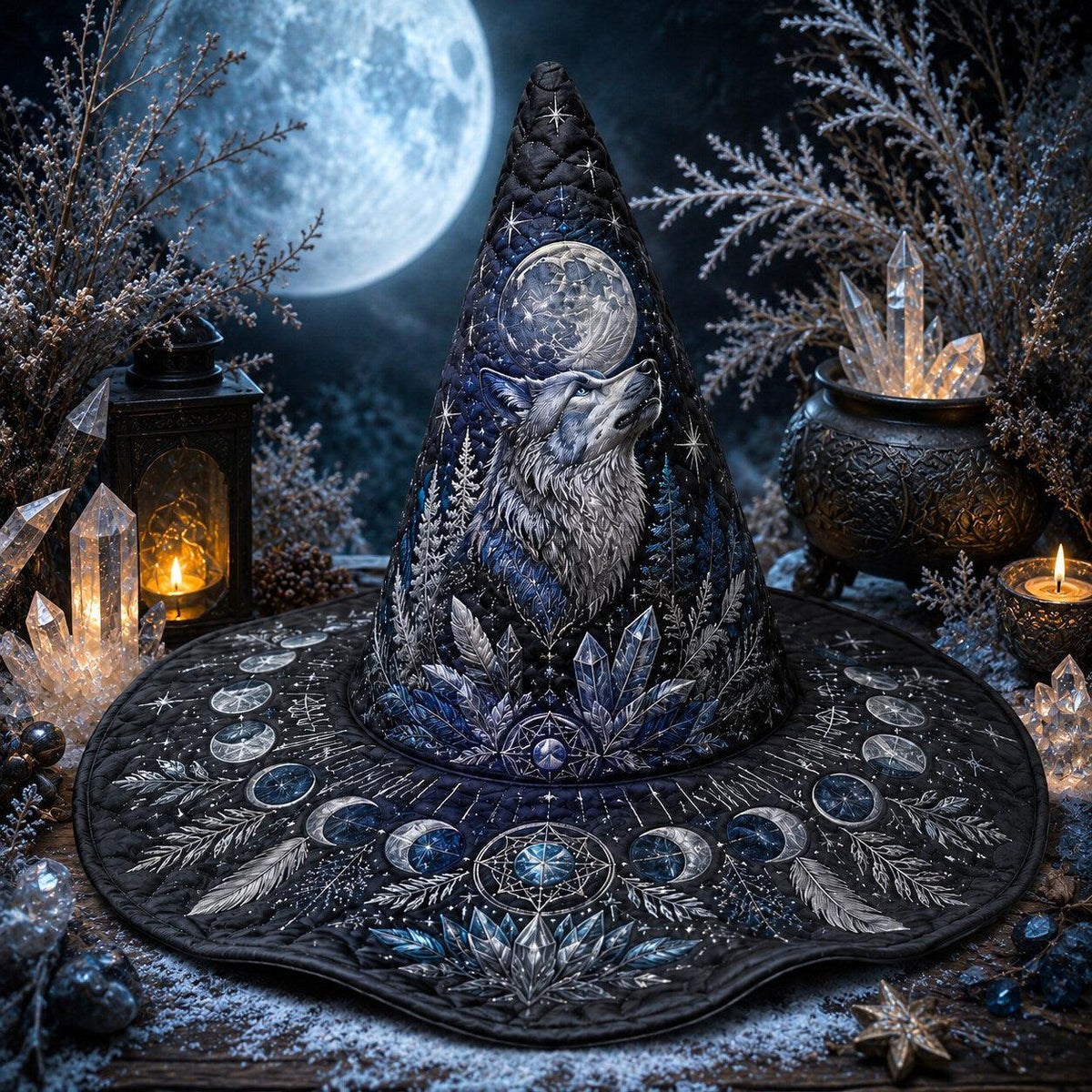 Wolf Moon Witch Hat – Winter Celestial Pagan Wide Brim Hat – on an altar table