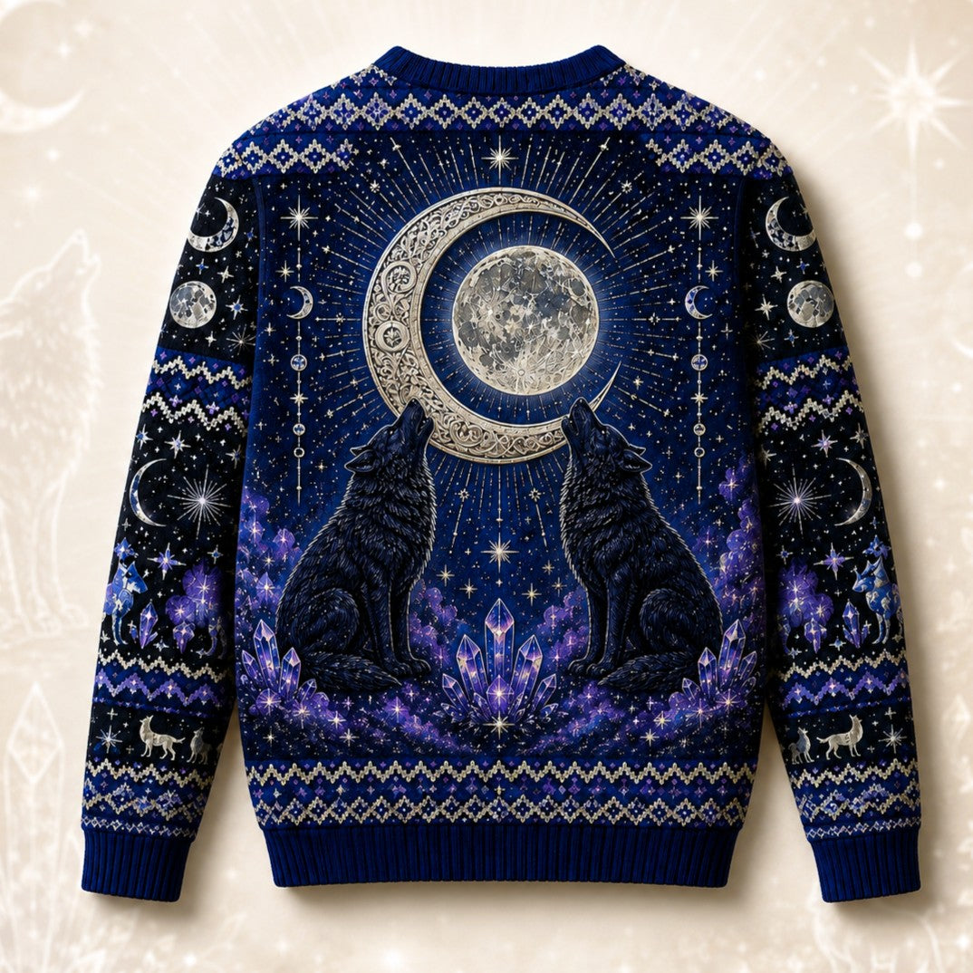 A navy blue crewneck sweater with a detailed celestial and wolf pattern, shown from the back. The design features two black howls facing a large silver crescent moon and full moon, surrounded by stars, crystals, and additional wolf motifs on the sleeves.