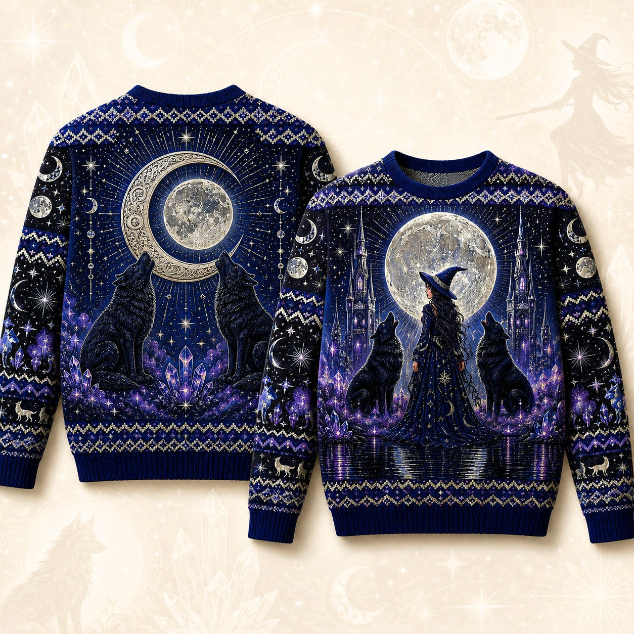 A festive Christmas sweater shown from both front and back, featuring a dark blue and purple witch-themed design with a large full moon, two howling wolves, a witch silhouette, stars, and snowflake patterns on a light beige background.