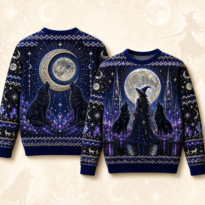 A festive Christmas sweater shown from both front and back, featuring a dark blue and purple witch-themed design with a large full moon, two howling wolves, a witch silhouette, stars, and snowflake patterns on a light beige background.