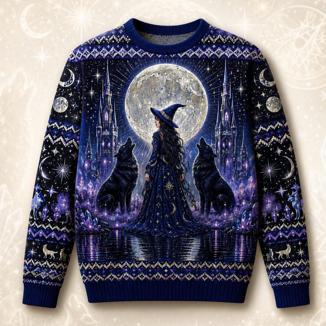 A festive crewneck sweater featuring a detailed graphic print of a witch in a hat standing before a full moon and two black dogs, with purple and blue holiday patterns on the sleeves and hem.