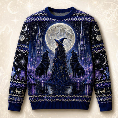 A festive crewneck sweater featuring a detailed graphic print of a witch in a hat standing before a full moon and two black dogs, with purple and blue holiday patterns on the sleeves and hem.