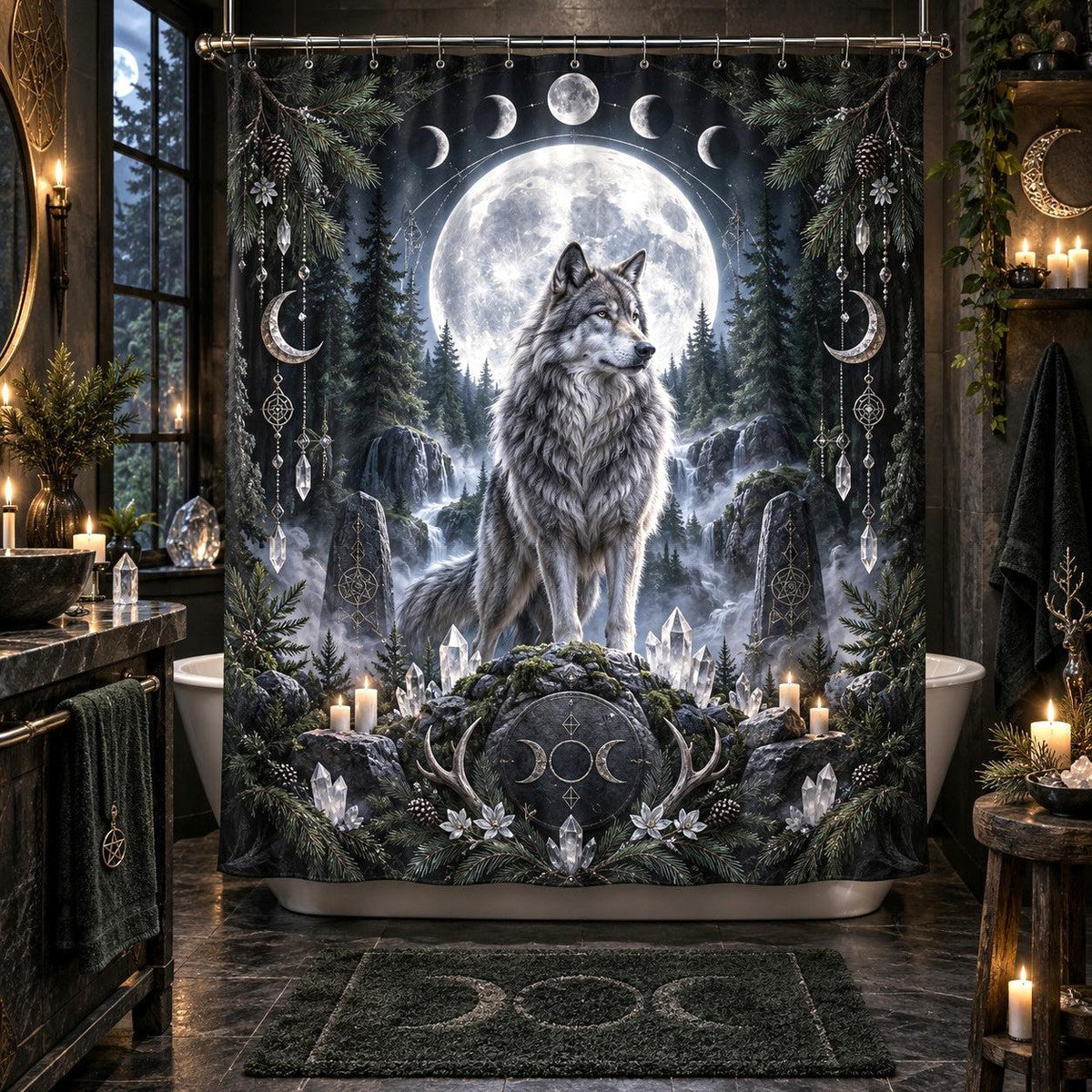 Wolf Shower Curtain - Full Moon Pagan Winter Forest Decor