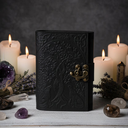 Wolf tree leather journal interior pages – antique witch grimoire Norse Pagan writing sketchbook gift