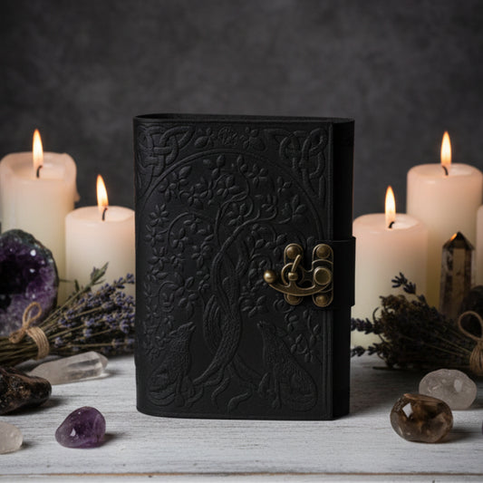 Wolf tree leather journal interior pages – antique witch grimoire Norse Pagan writing sketchbook gift