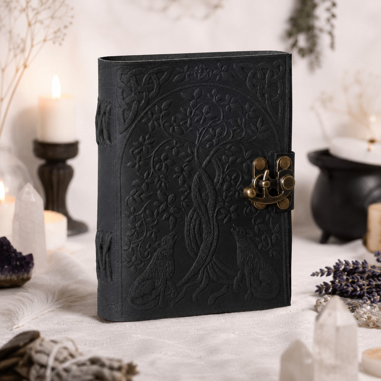 Wolf Tree Leather Journal – Antique Witch Grimoire Sketchbook with Lock – leather journal, back cover view