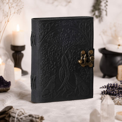 Wolf Tree Leather Journal – Antique Witch Grimoire Sketchbook with Lock – leather journal, back cover view