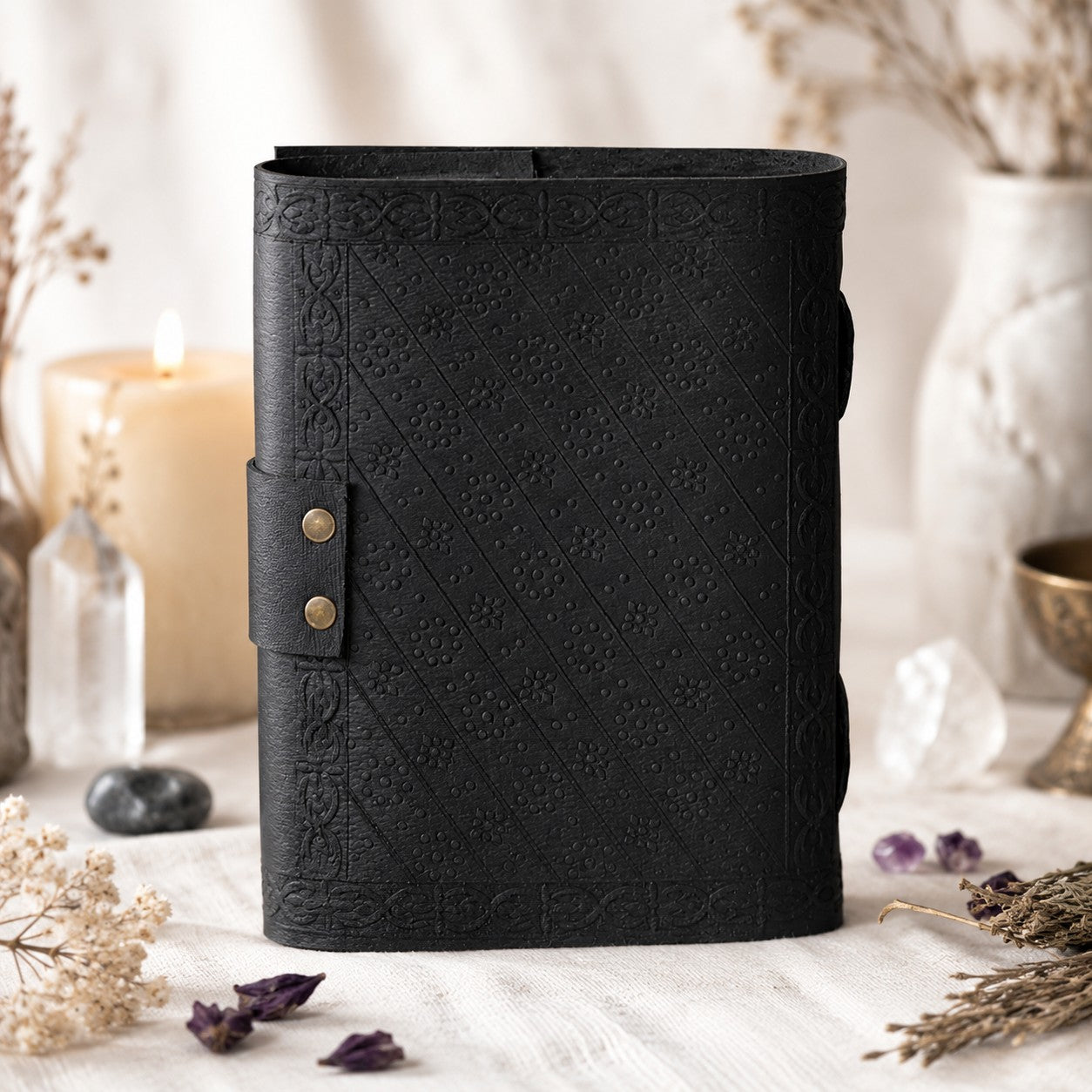 Wolf Tree Leather Journal – Antique Witch Grimoire Sketchbook with Lock – leather journal, open blank pages view